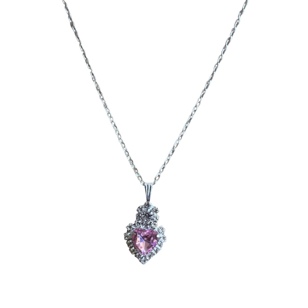 Silver Tone Pink Heart Cubic Zirconia Halo Pendant Necklace